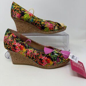 DEXFLEX COMFORT Shoes Floral Satin Cork Wedge Heels Peep Toe  Size 9 NWT